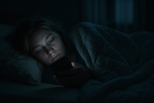 Girl scrolling on phone in bed at night