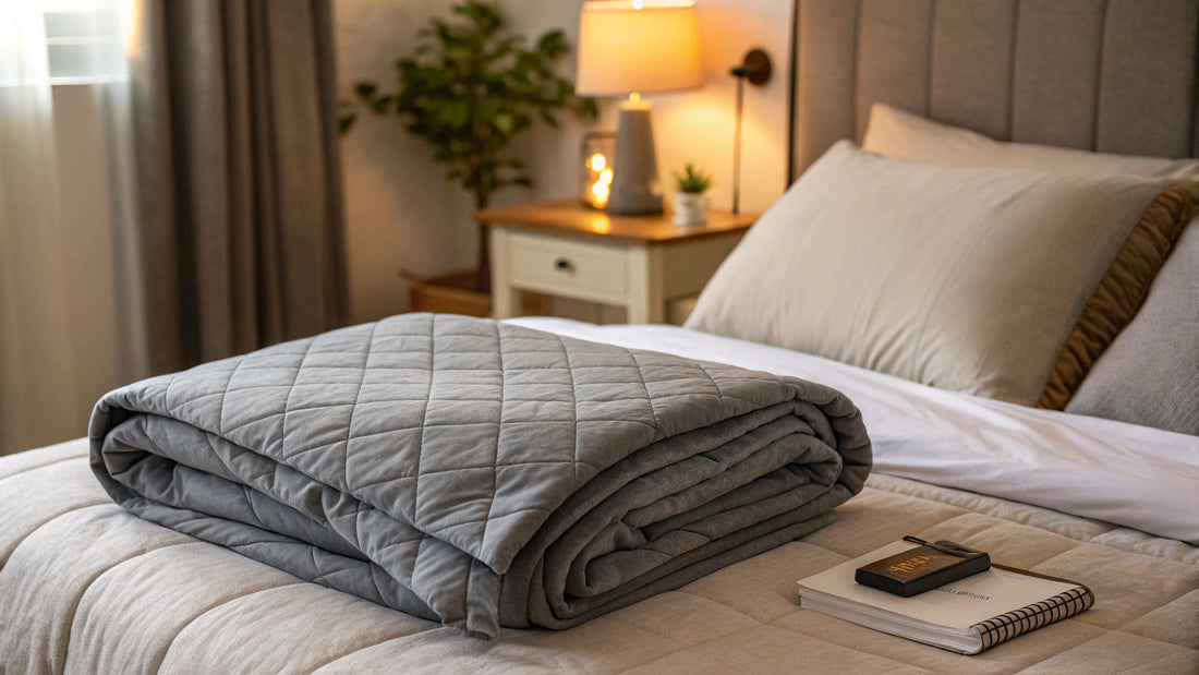 weighted blanket folded on bed