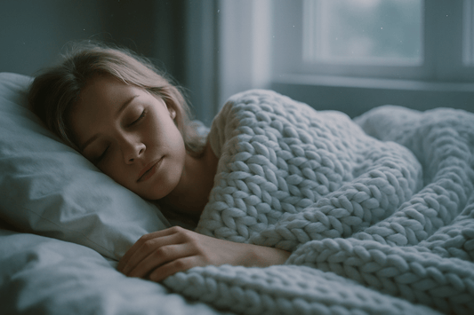 blonde girl lying in bed beneath a thick, white weighted blanket