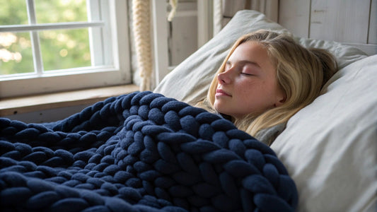 blonde woman lying in bed beneath a thick, navy knitted weighted blanket