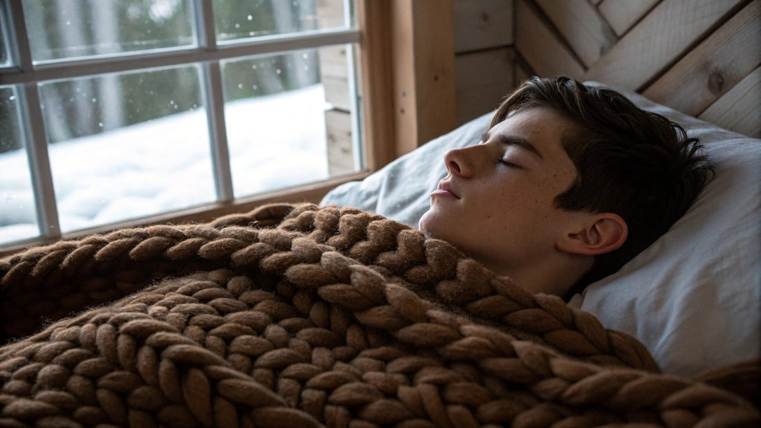boy sleeping with brown weighted blanket