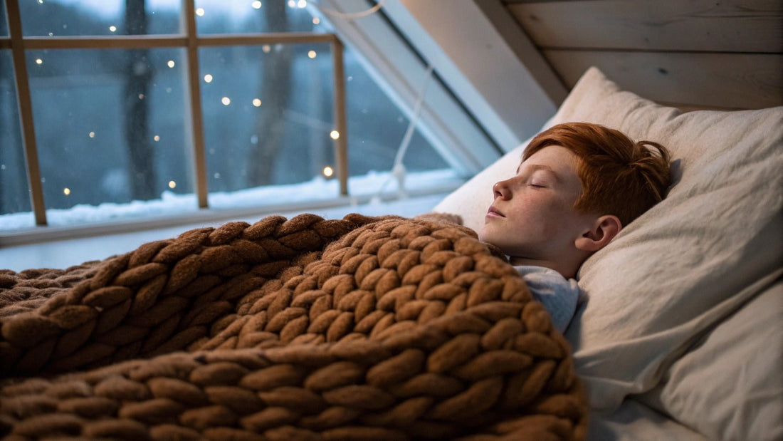 boy sleeping with brown weighted blanket in the evening