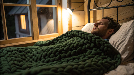 man sleeping with green weighted blanket