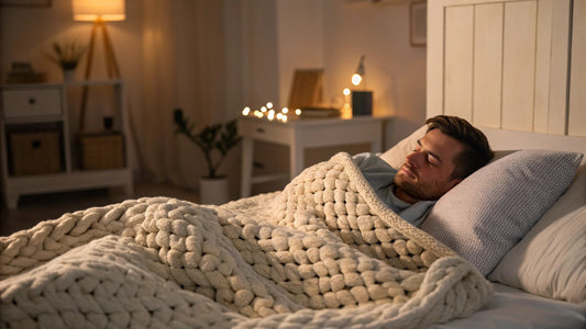 man sleeping with knitted weighted blanket