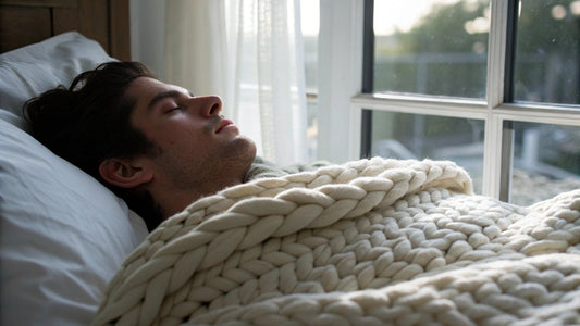 man sleeping with white knitted weighted blanket