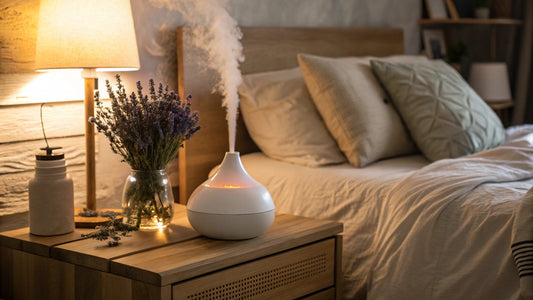 modern essential oil diffuser releasing a gentle mist on a bedside table