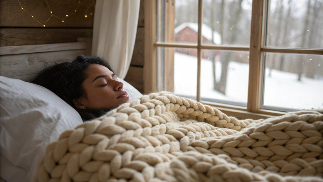 mother sleeping with knitted weighted blanket