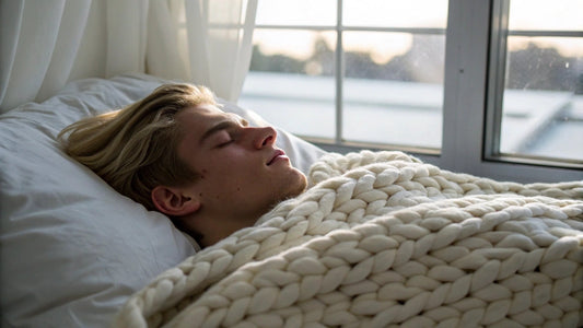nordic man sleeping with white knitted weighted blanket