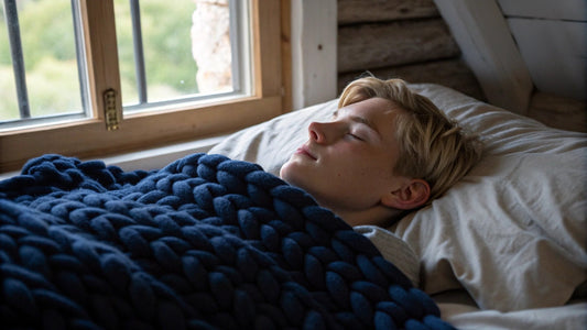 nordic teen sleeping in bed with navy knitted weighted blanket