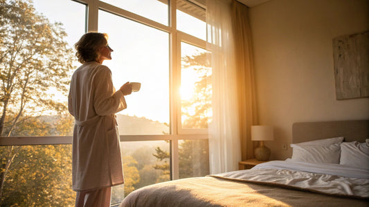 peaceful morning scene in a cozy, minimalistic bedroom