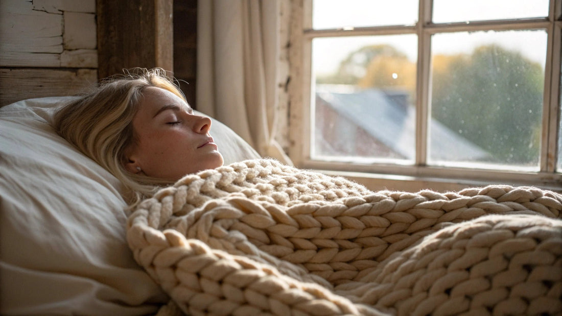 pregnant blonde woman lying in bed beneath a thick, knitted weighted blanket