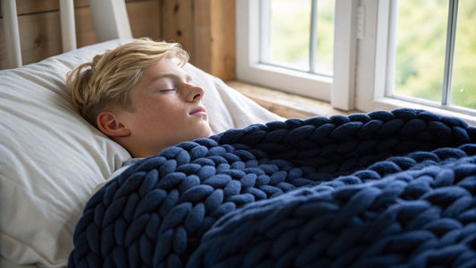 teen sleeping with navy knitted weighted blanket
