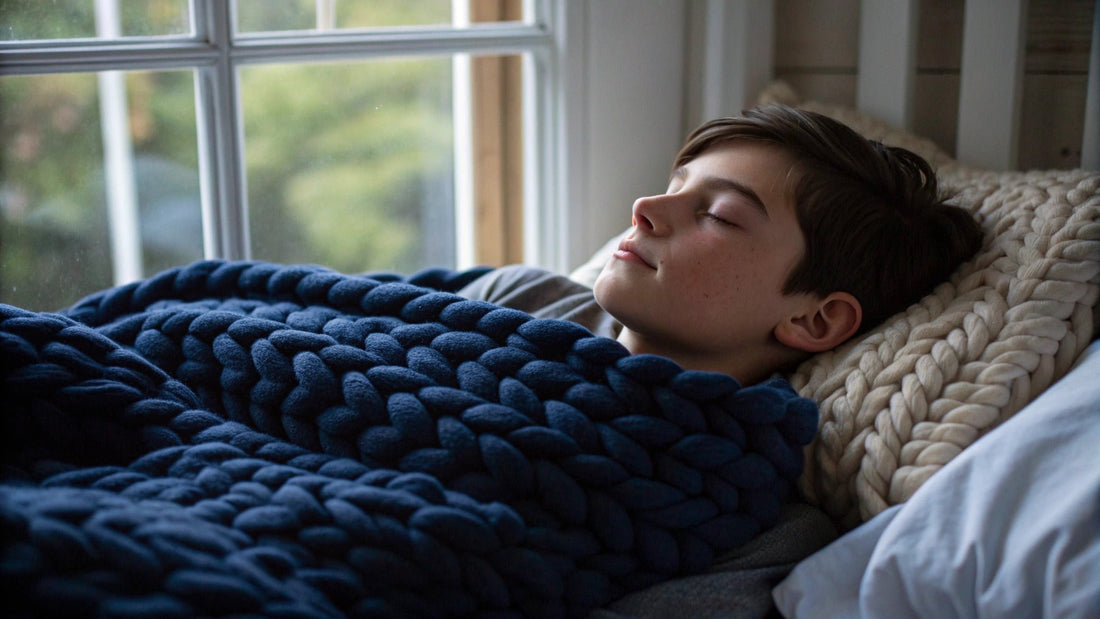 teenager sleeping with navy knitted weighted blanket