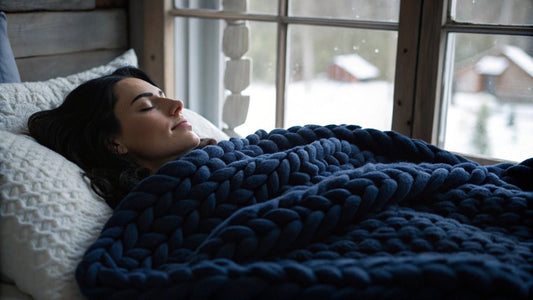woman lying in bed beneath a thick, navy knitted weighted blanket