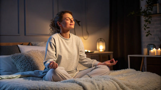 woman meditating in a cozy bedroom