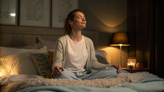 woman meditating in a cozy bedroom at night
