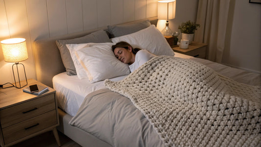 woman sleeping under a chunky knitted weighted blanket