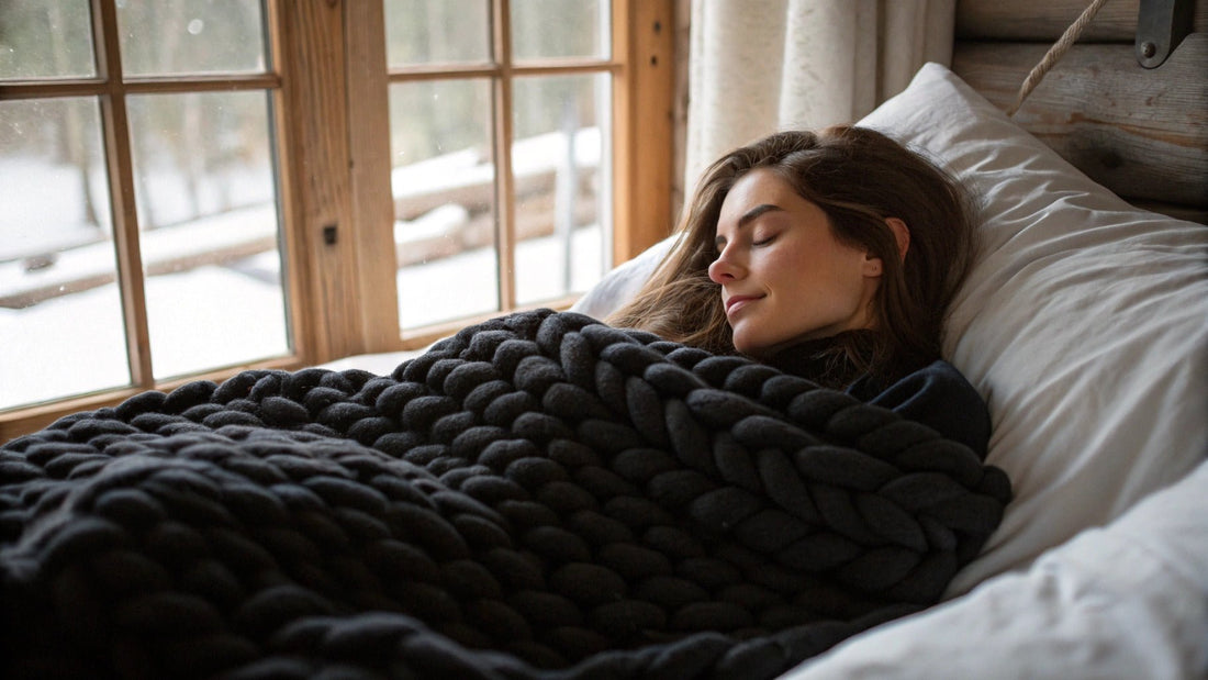 woman sleeping with knitted black weighted blanket