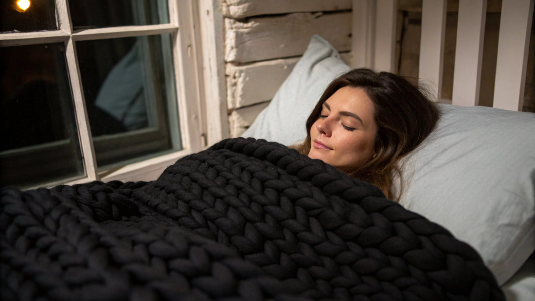 woman sleeping with knitted weighted blanket at night