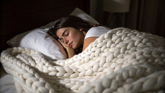 woman with handmade knitted weighted blanket in bed