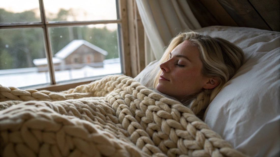 woman with handmade knitted weighted blanket in bed during day