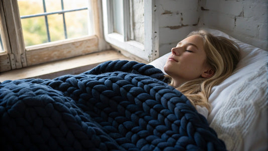 young blonde woman lying in bed beneath a thick, navy knitted weighted blanket