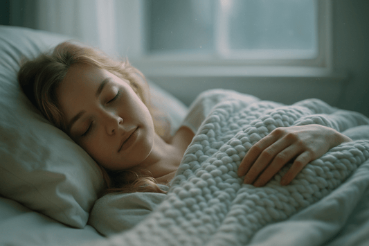young blonde woman lying in bed beneath a thick, white weighted blanket