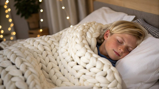young boy sleeping with white handmade knitted blanket