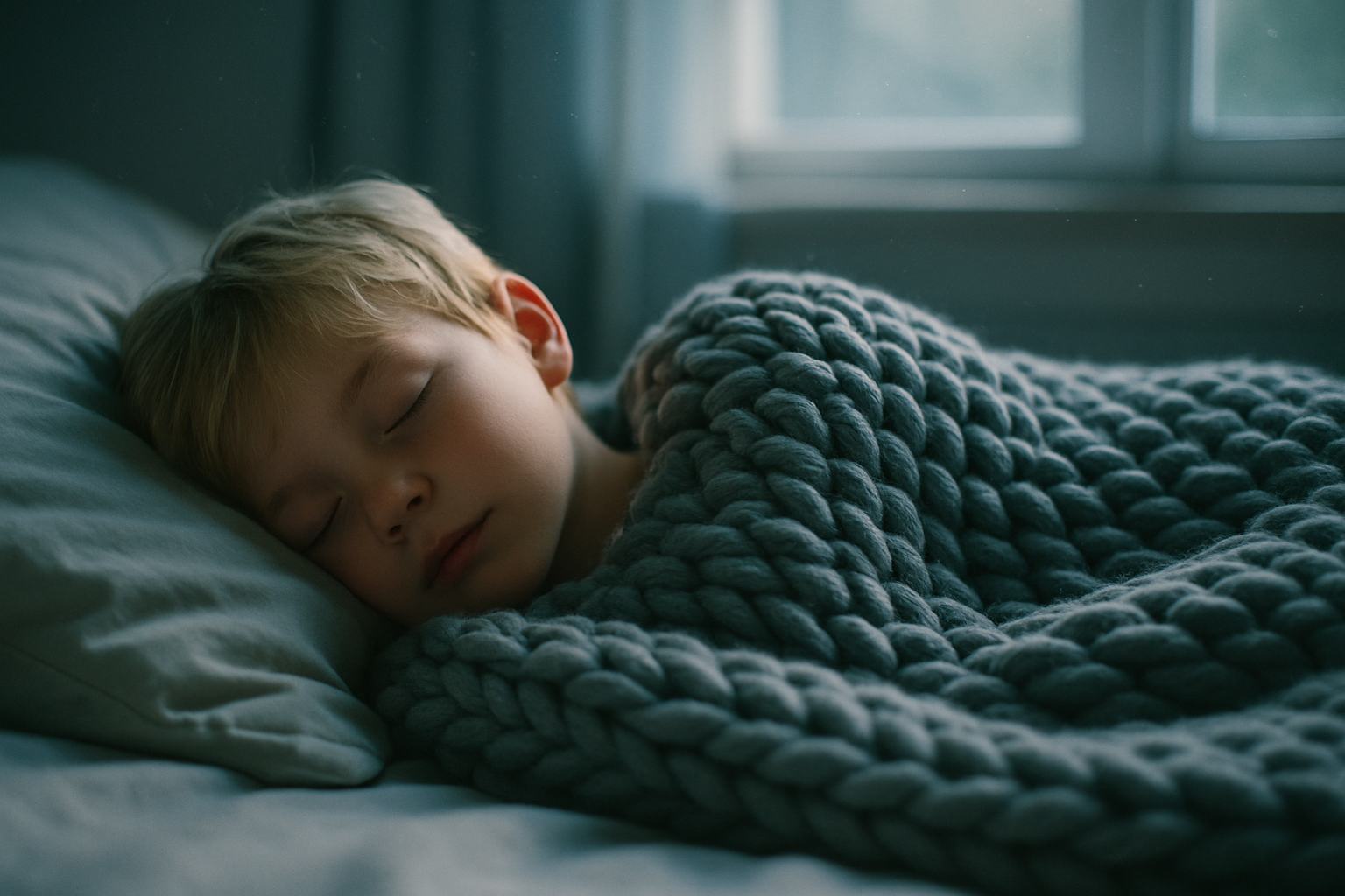 Child sleeping under a textured blanket in a cozy room.