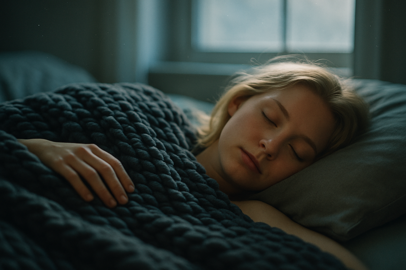Woman sleeping peacefully under a knitted blanket in a dimly lit room.