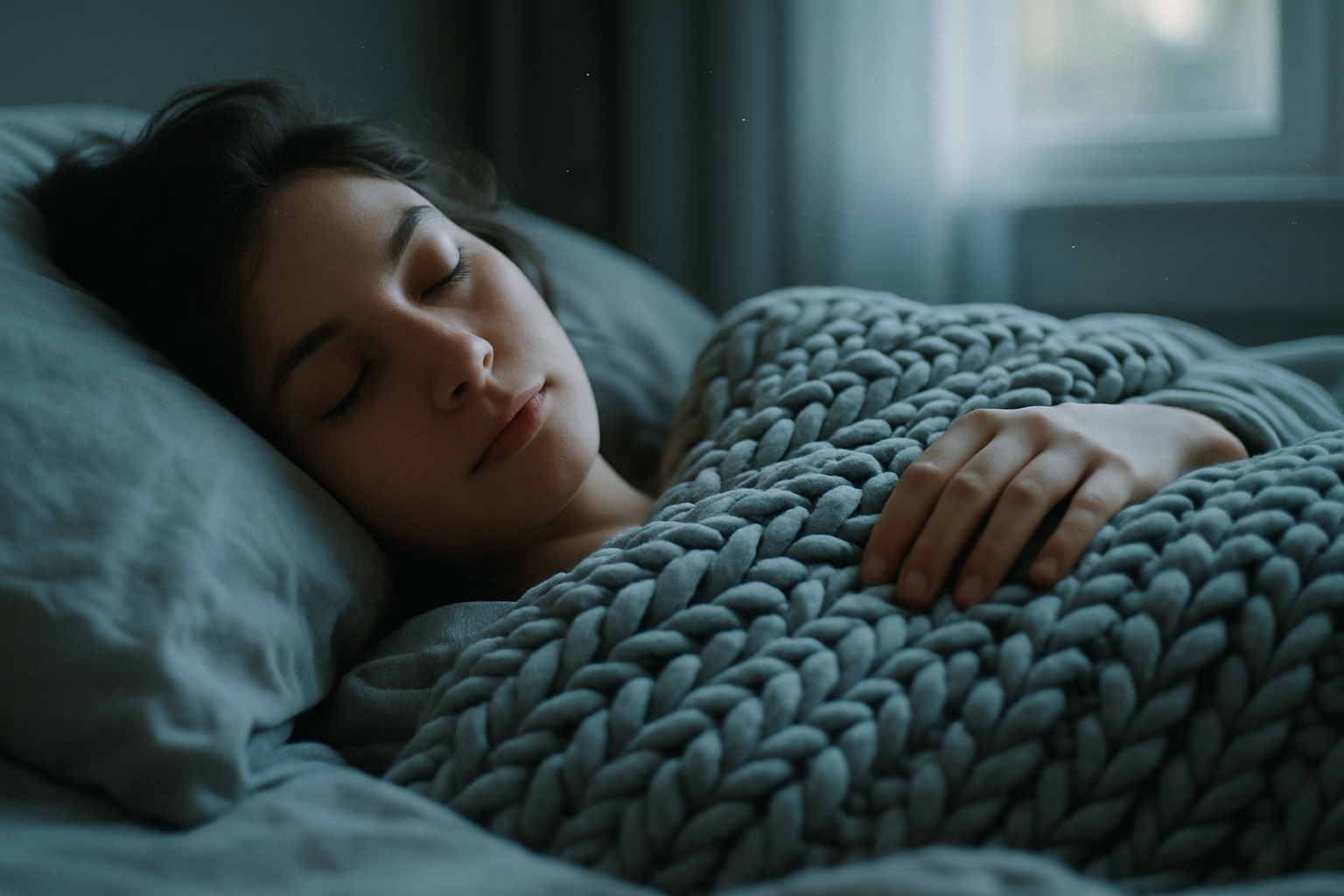 Woman sleeping peacefully under a blanket in a dimly lit room