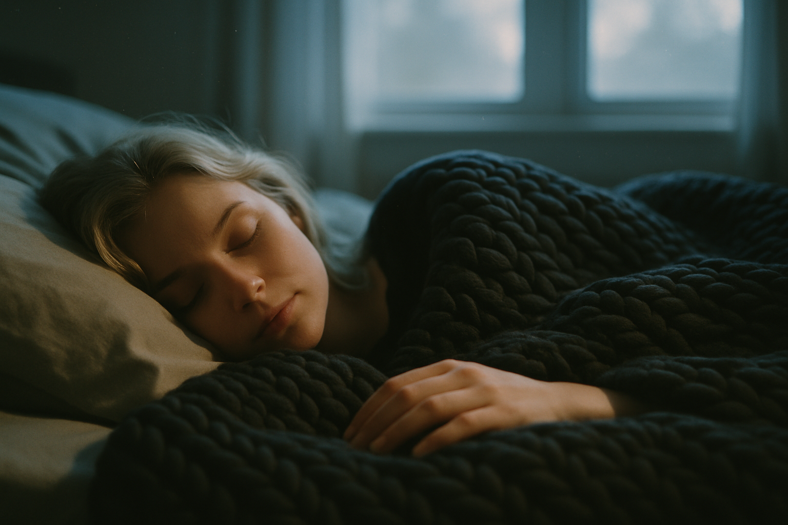 Woman sleeping under a dark blanket in a dimly lit room.