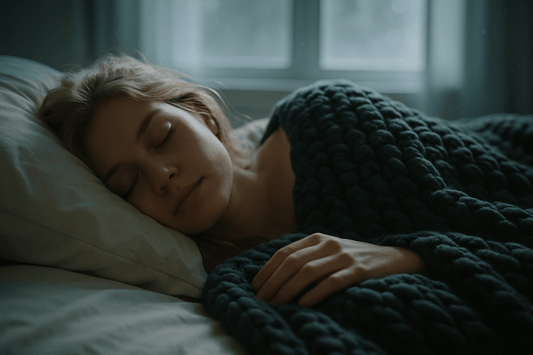 Woman in bed with knitted weighted blanket