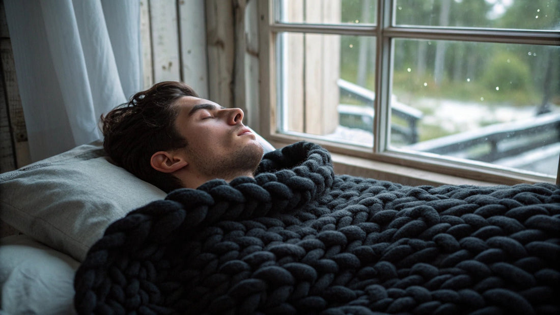 athlete sleeping with black knitted weighted blanket