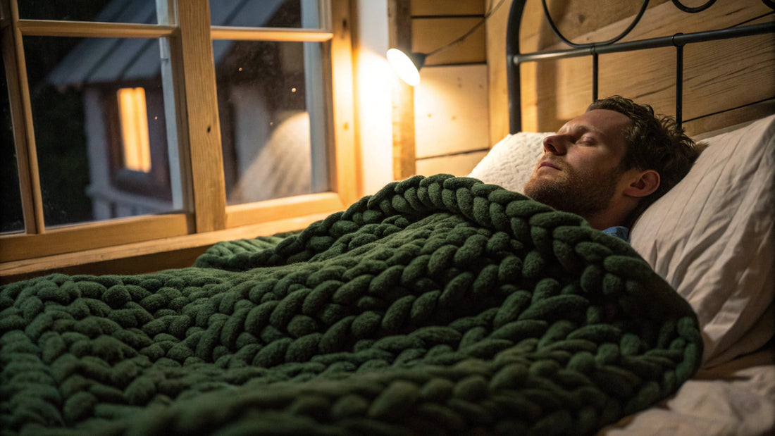 man sleeping with green weighted blanket