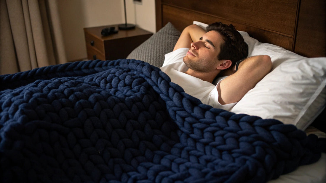 man sleeping with handknitted weighted blanket