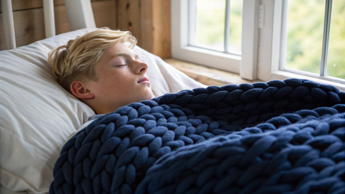teen sleeping with navy knitted weighted blanket