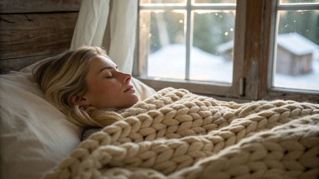 woman sleeping with knitted weighted blanket