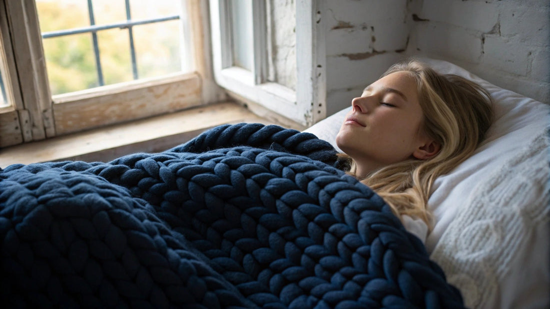 young blonde woman lying in bed beneath a thick, navy knitted weighted blanket