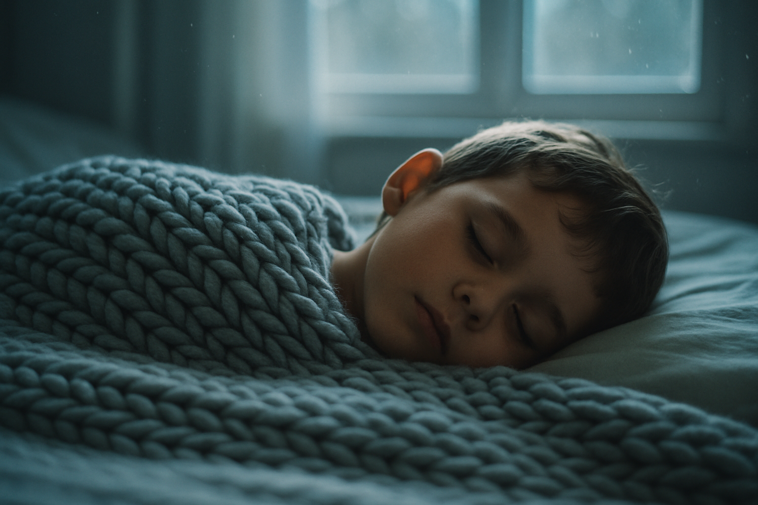 Person sleeping under a textured blanket in a dimly lit room