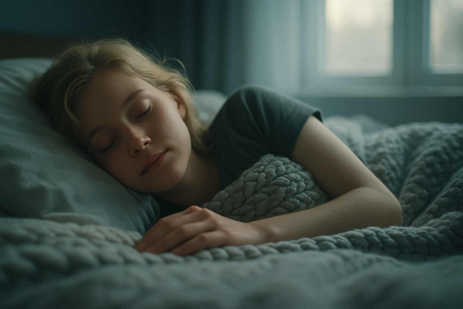 Person sleeping peacefully in a dimly lit room