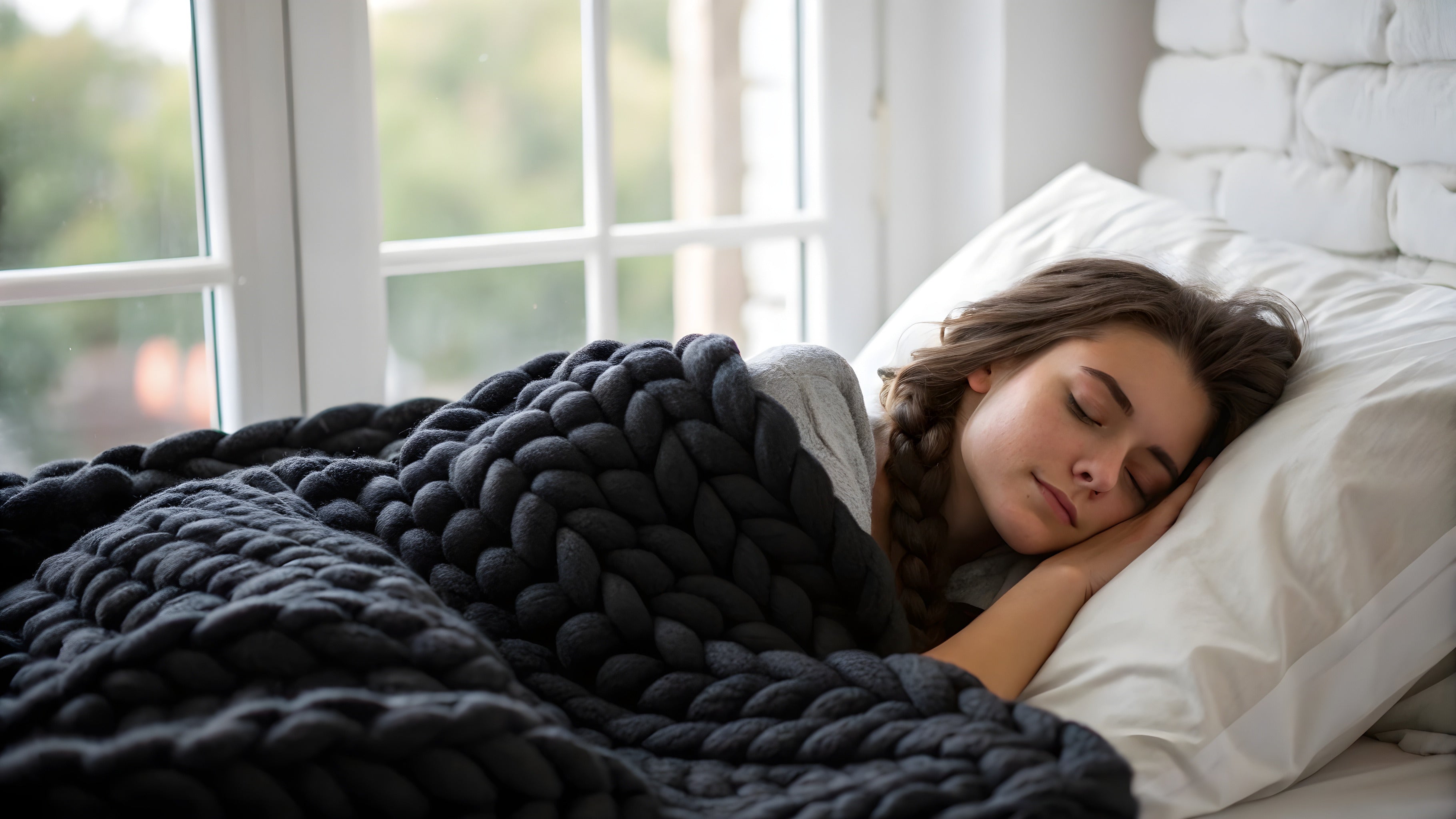 Woman sleeping under a black knitted blanket in a bright bedroom.